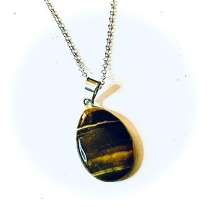 New 925 Sterling Silver Brown Black Tigers Eye Stone Water Drop Necklace